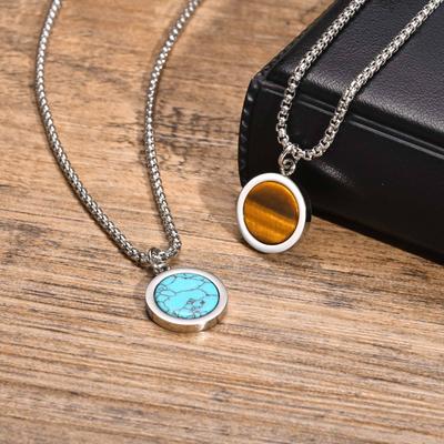 Round Pendant Necklace for Men Boys,Stainless Steel Tiger Eye Natural Stone Pendant Necklaces,Hip Hop Jewelry Gifts