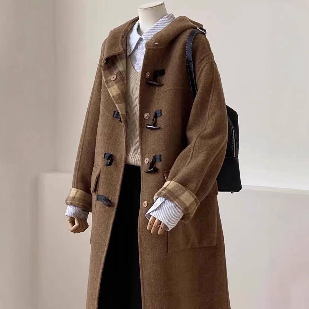 Winter Retro College Style Karomuster Knebelverschluss Doppelseitiger Wollmantel Gerader Langer Wollmantel Damen
