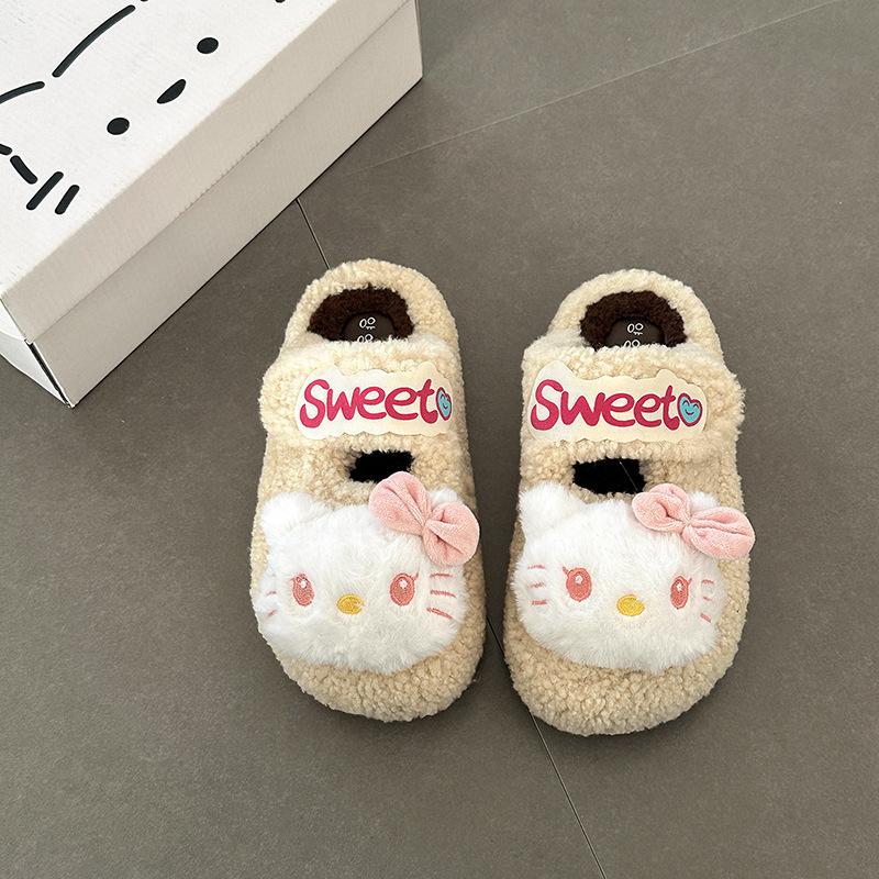 Versatile comfortable and warm girls fluffy shoes autumn and winter suede cute cartoon Hello Kitty casual thick-soled cotton slippers