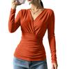 Damen Langarm V-Ausschnitt Bluse mit Kreuzfront und geraffter Taille für Herbst Winter