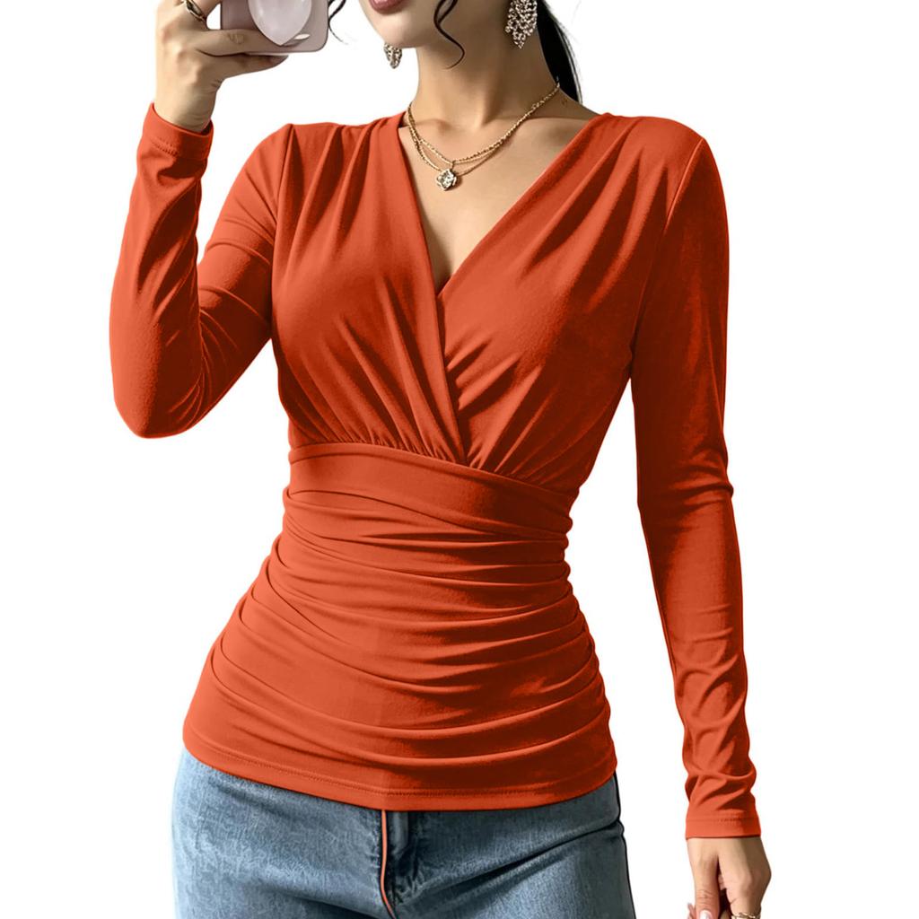 Damen Langarm V-Ausschnitt Bluse mit Kreuzfront und geraffter Taille für Herbst Winter