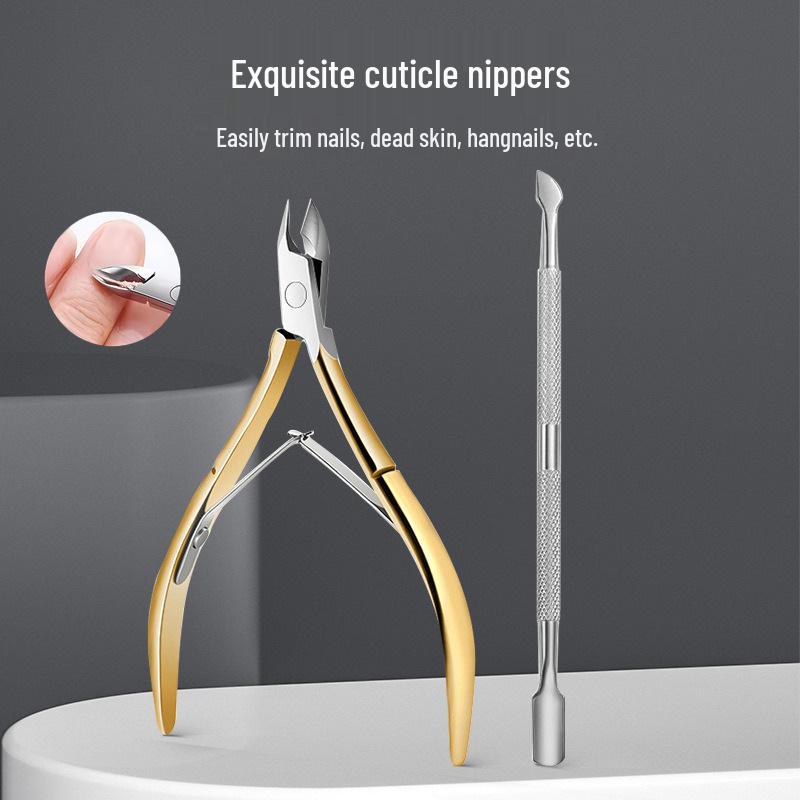 D501 Stainless Steel Cuticle and Nail Care Set: Dead Skin Pliers, Scissors, Dual-Headed Pusher, Remover, Clipper.