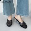 Fashion SUOJIALUN 2025 New Brand Women Slipper Ladies Elegant Round Toe Slip On Mules Shoes Fashion Weave Thin High Outdoor Dress Sandal