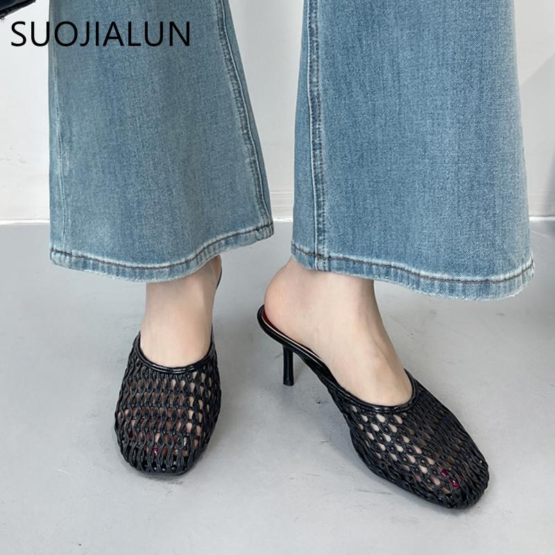 Fashion SUOJIALUN 2025 New Brand Women Slipper Ladies Elegant Round Toe Slip On Mules Shoes Fashion Weave Thin High Outdoor Dress Sandal