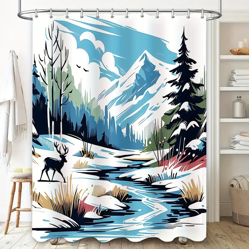 

Winter Forest Mountain Shower Curtain With Deer River Snow Scene Bathroom Decor Waterproof Polyester Curtain With Hooks W60H190(CM)-1 Pcs