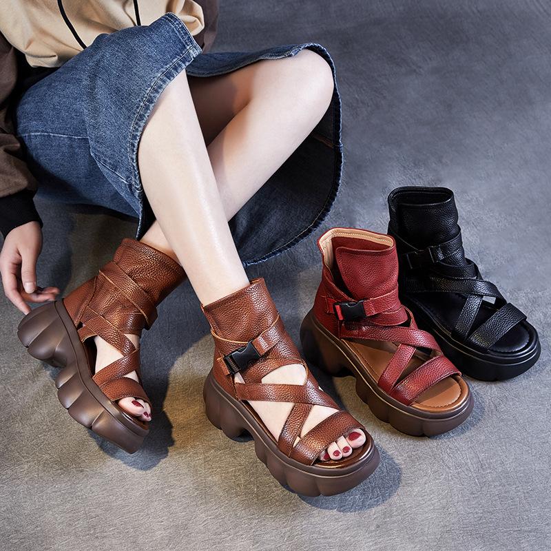 Women's Shoe Toe Layer Cowhide Roman Style Thick Soled Sandals Women's Fish Mouth Buckle Leather Cool Boots