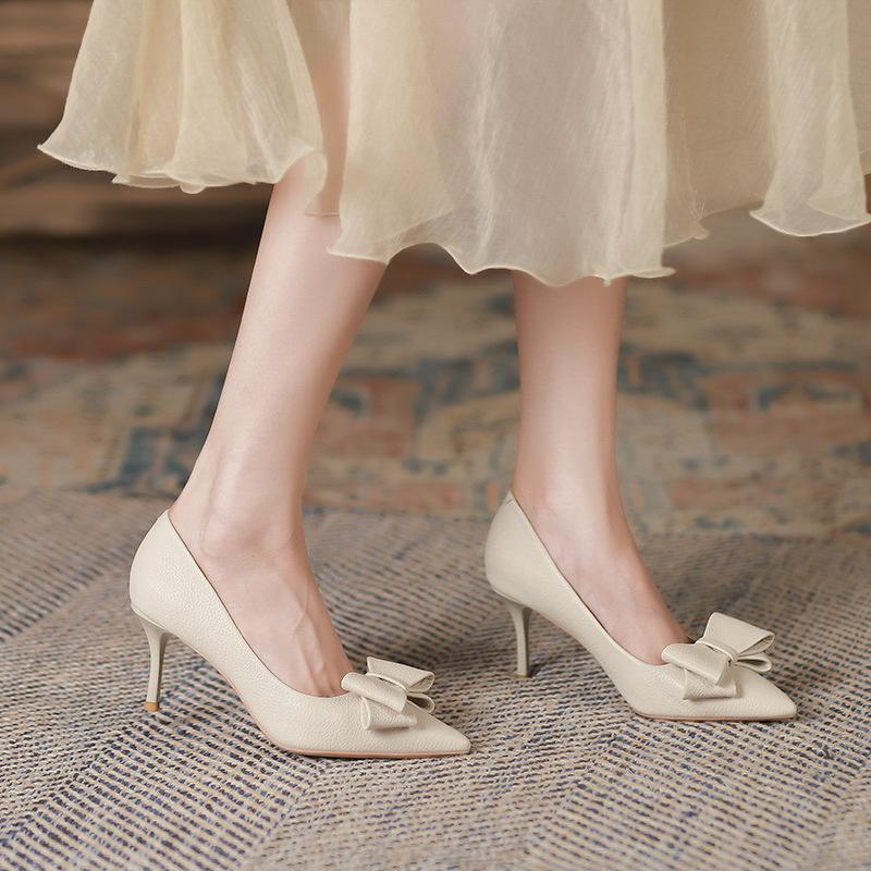 Korean Style Temperament High Heels  Spring New Fashion Pointed Stiletto Shoes Shallow Mouth Bowknot Shoes