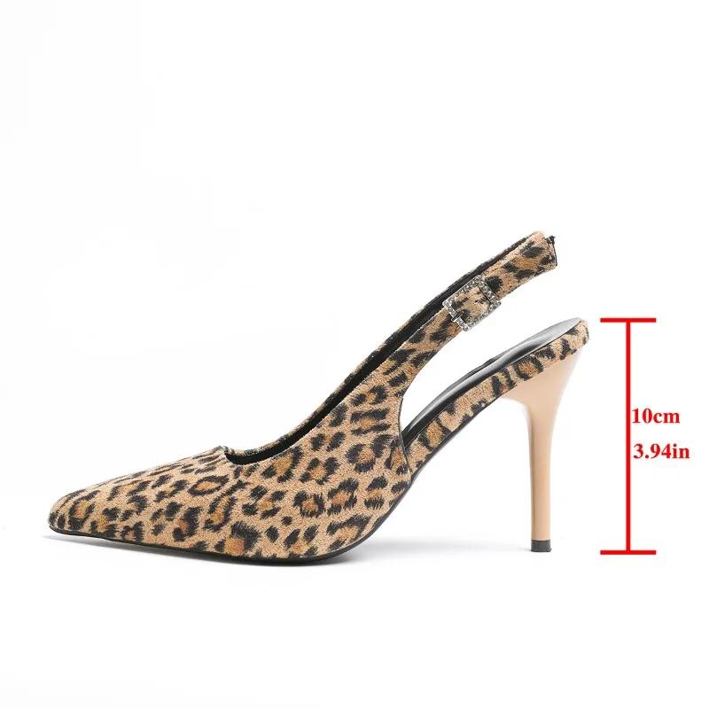 Fashion Size 43 Thin High Heel Sandals for Women Leopard Print Cover Toe Rhinestone Buckle Back Strap Stiletto Banquet Shoe Roman Sandal