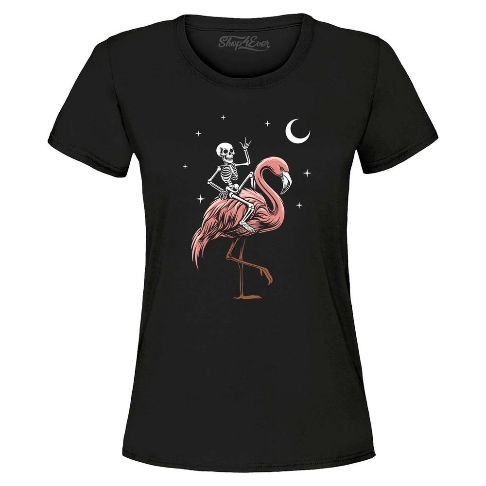 Skeleton Riding a Pink Flamingo Women's T-Shirt Funny Cute Halloween Shirt