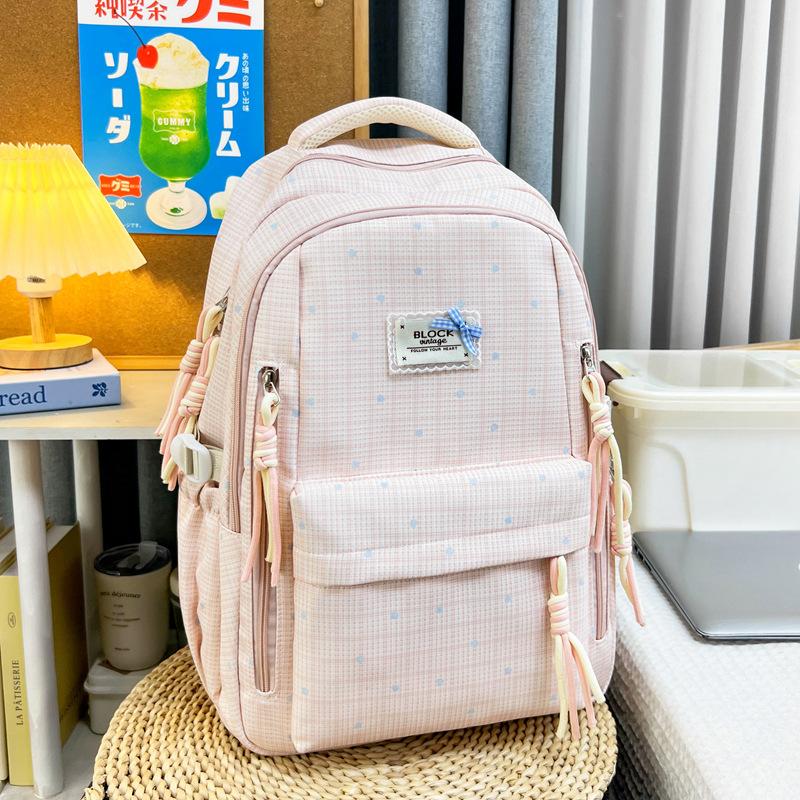 Schoolbag Japanese Fresh Color Sea Salt Blue Plaid Floral Schoolbag Female Sweet Atmosphere Junior and High School Girls Backpack