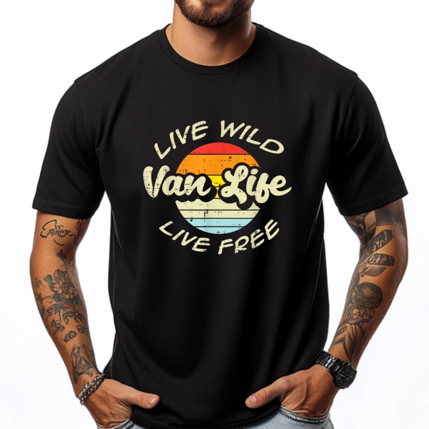 

Live Wild Free Van Life Retro Camping Rv Camper Graphic T Shirts 100% Cotton Spring T Shirt Men Loose S чёрный