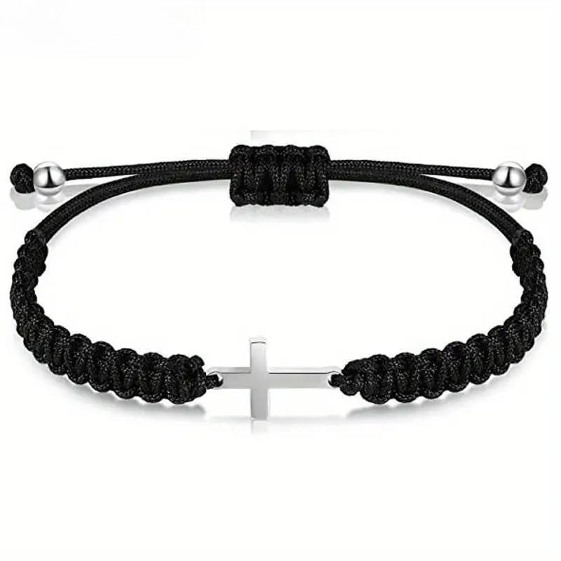 Bracelet d'amitié pour couple simple et élégant Tissé à la main Acier inoxydable Croix Corde pour la main Ensemble rouge et noir