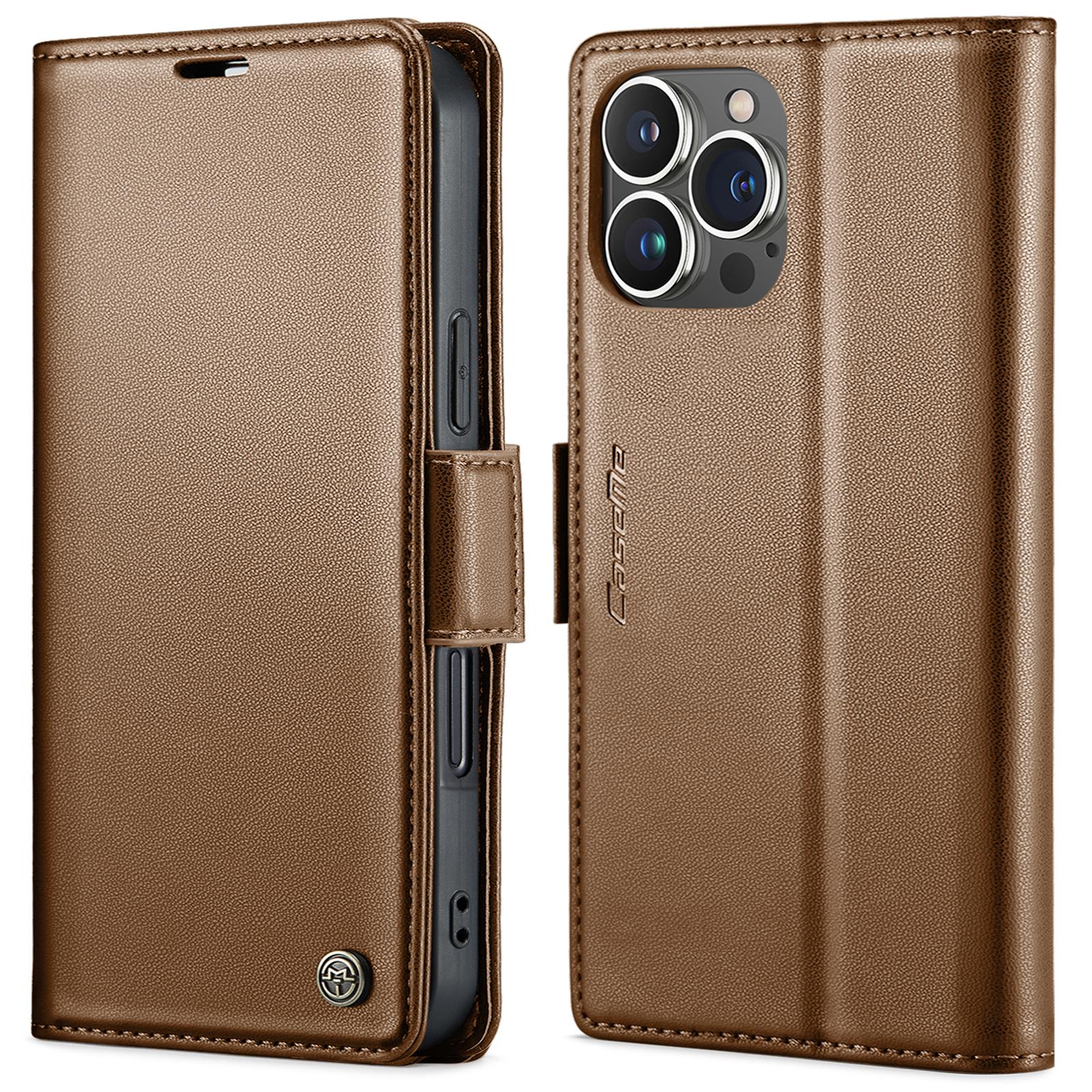 

For iPhone 16 Pro Max Leather Case CASEME 023 RFID Blocking 3 Card Slot Mobile Cover Brown