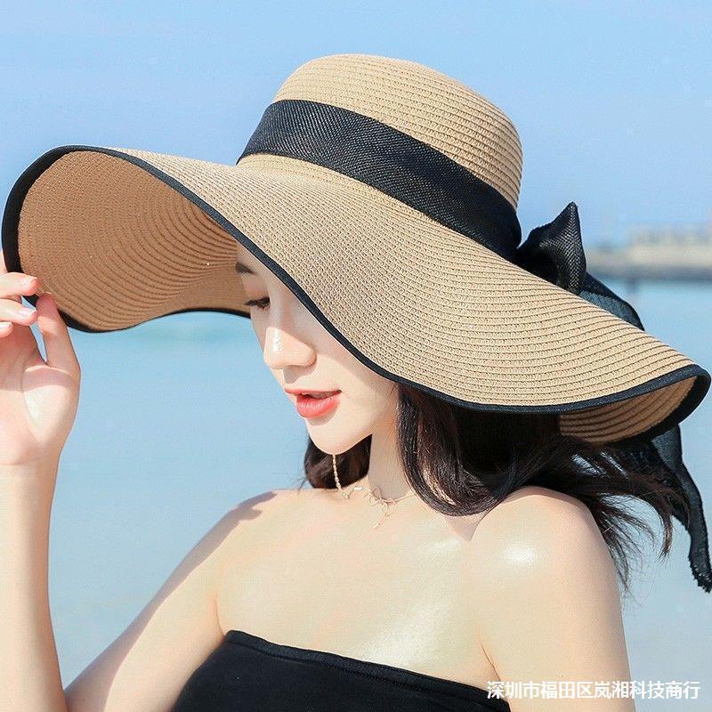 Strohhut Damen Sommer Sonnenhut Koreanische Version Modisch Strand Sonnenhut Großer Schirm Sonnenschutz UV-Schutz Faltbarer Strandhut