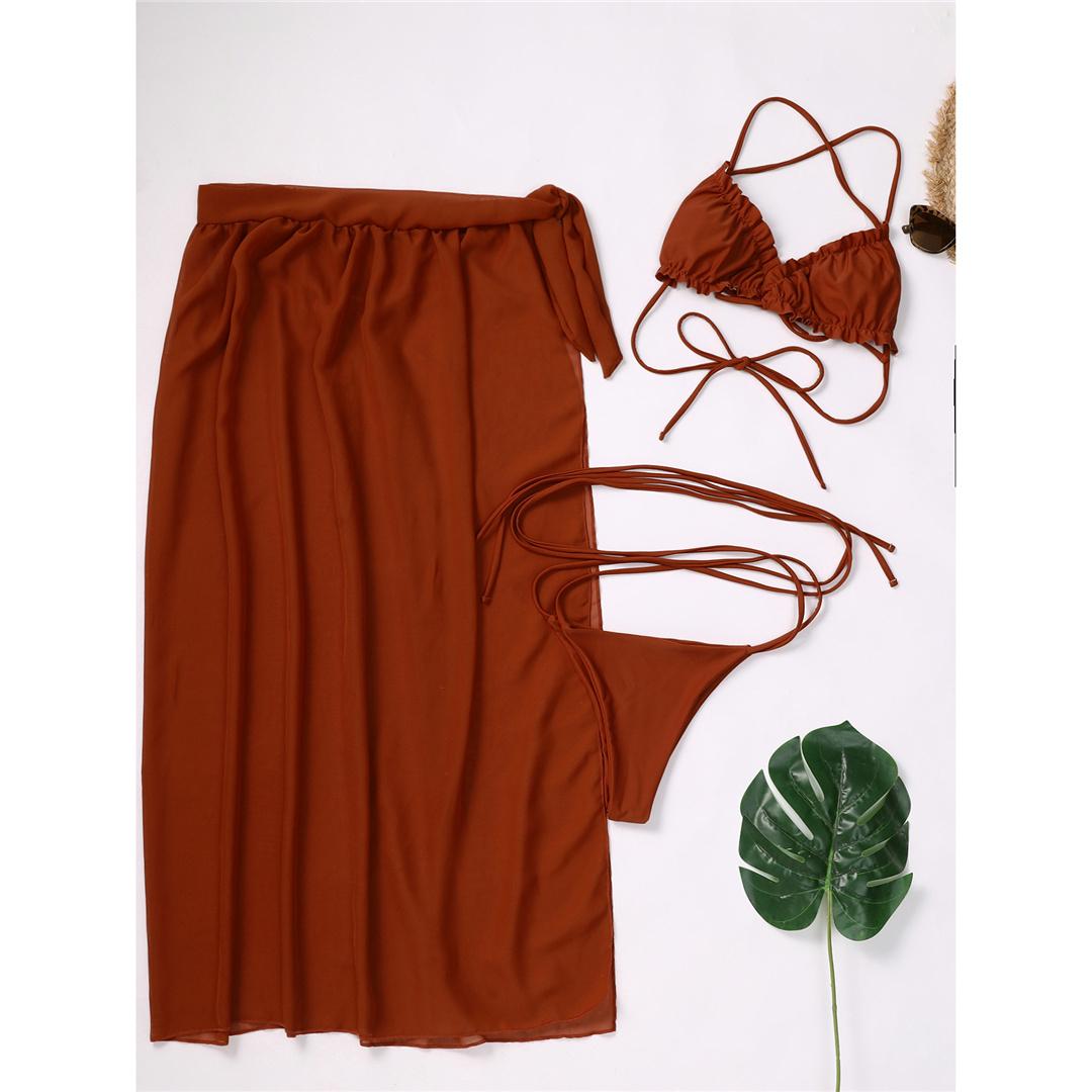 

Холтер морщинистый с саронгом, бикини, женские купальники, женский купальник, комплект бикини из трех предметов, купальный костюм, купальный костюм для леди L красный/коричневый