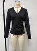 2026 Autumn Women's Cross V-neck Pleated Long Sleeve Casual T-shirt