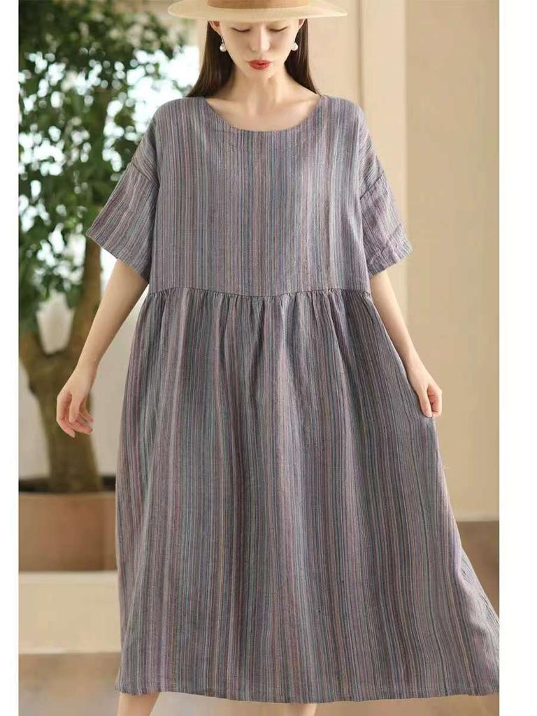 Johnature Women Vintage Striped Dress O-Neck Short Sleeve Robes Summer High Waist Women A-Line Dress