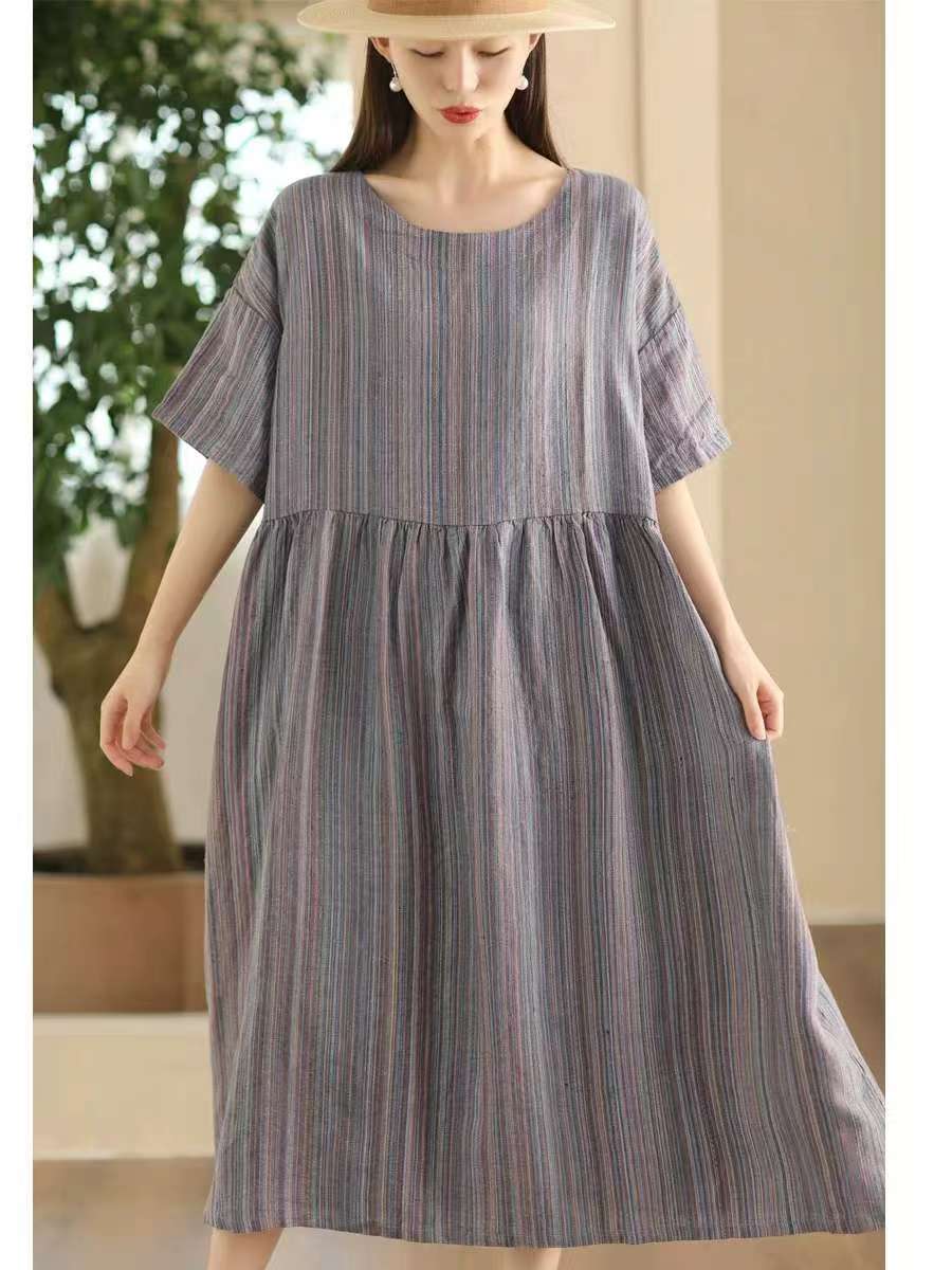 

Johnature Женское винтажное полосатое платье с круглым вырезом и короткими рукавами, летнее женское платье А-силуэта с высокой талией One Size фиолетовый