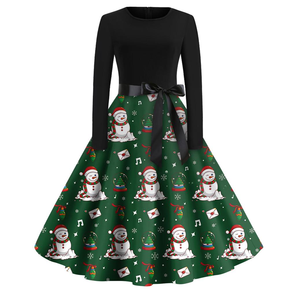 Christmas Print Flare Dress For Women Long Sleeve Dress Hollow Party Casual Dresses