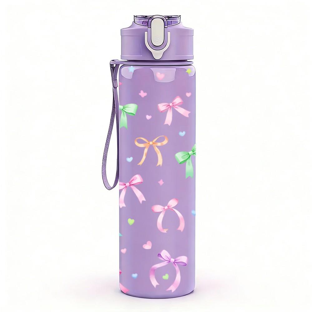 1PC Bow Ribbon Pastel Doodle Pattern 750ml Color Plastic Sports Water Bottle Leakproof Flip Straw Lid Suitable for Sports Office Home Use