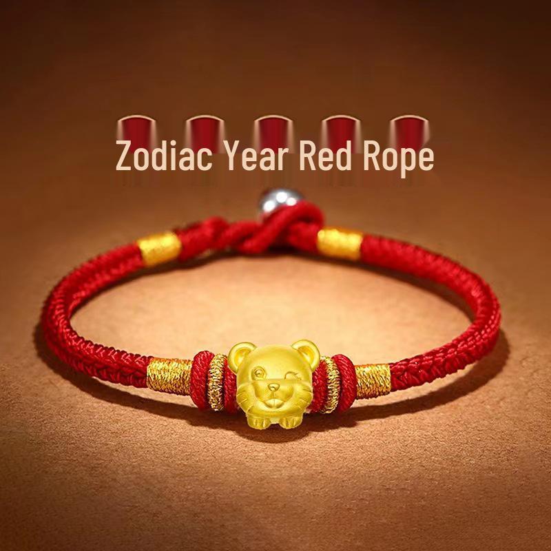 Vietnam Zodiac Red String Bracelet: Sand Gold & Brass Gold-Plated Lucky Beads - New Year Gift