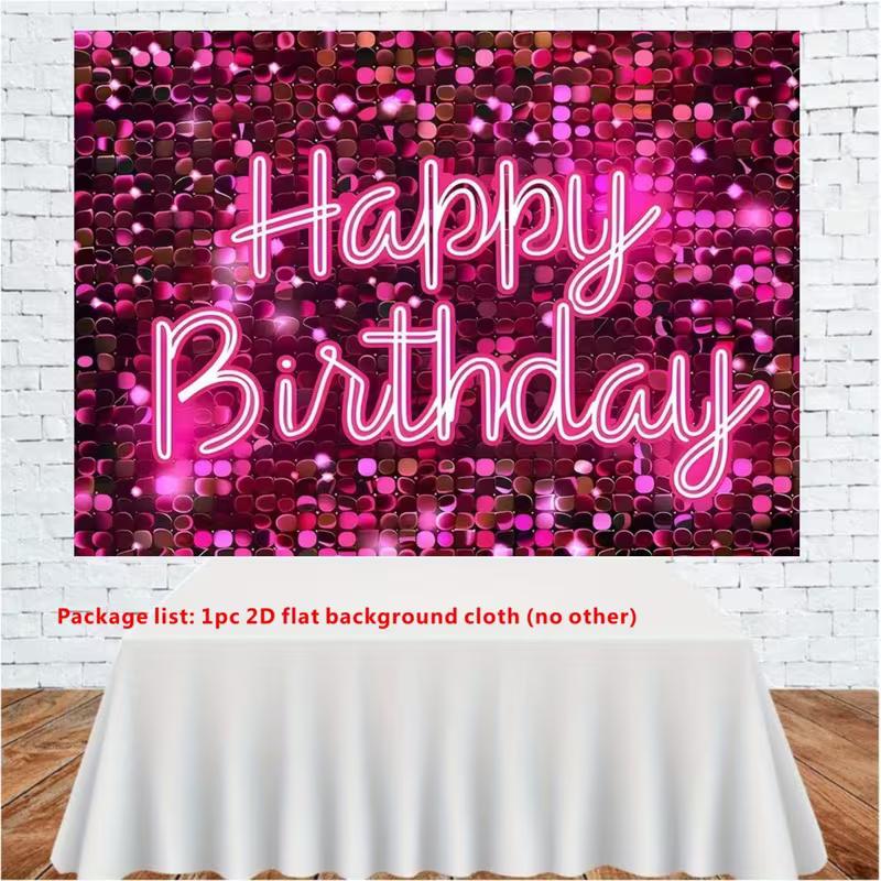 2D Pink Sequin Neon Happy Birthday Backdrop Banner Photography Background for Party Decor