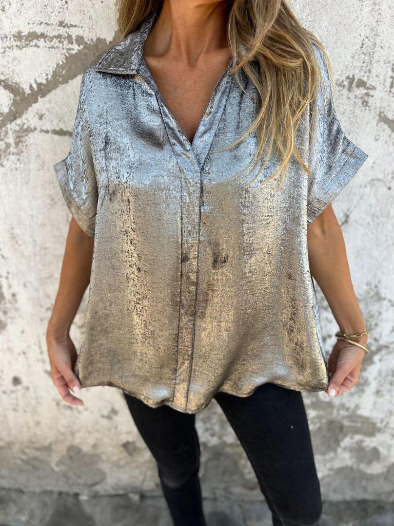 2026 European Summer Casual Loose Lapel Shirt for Women - Hot Stamping Short Sleeve Design