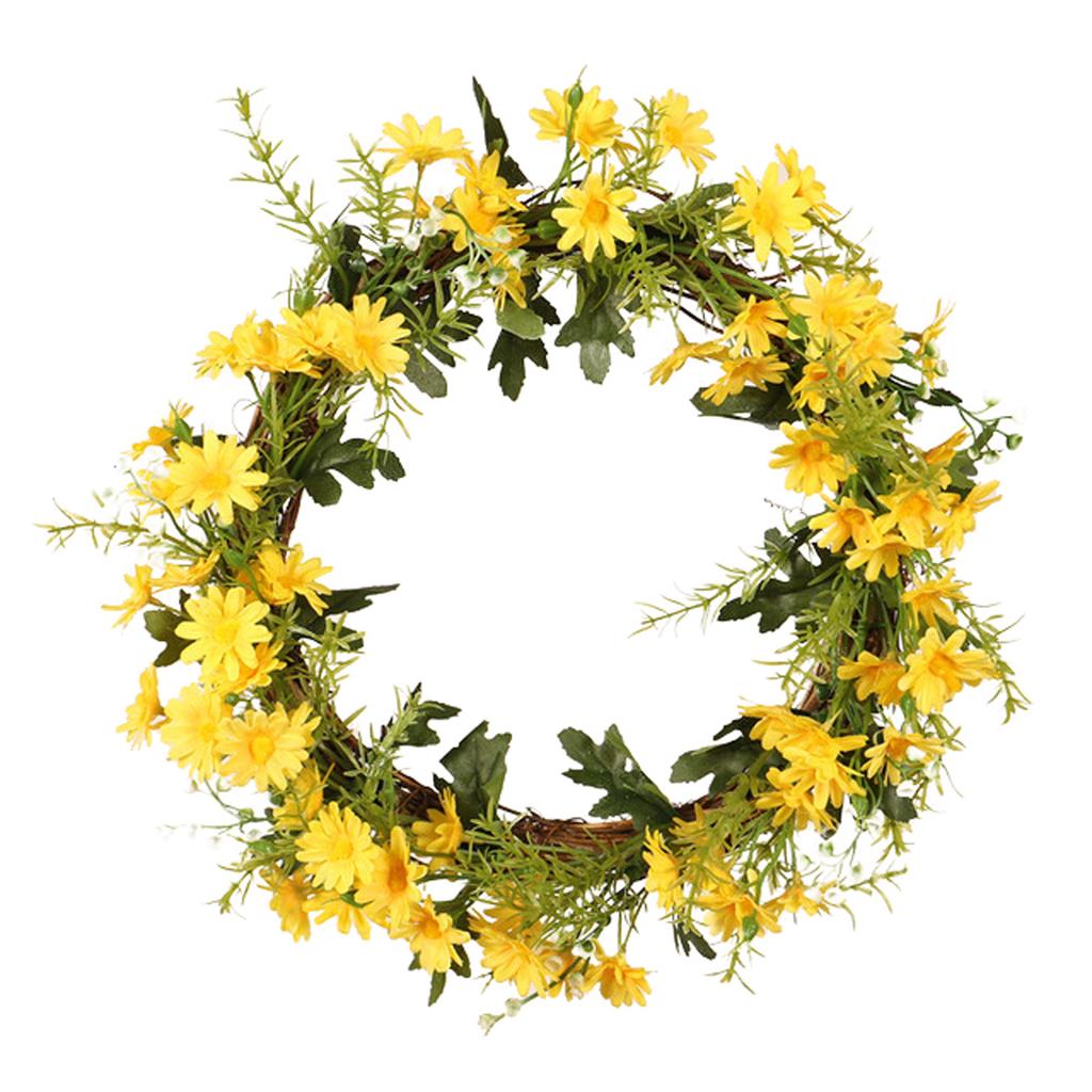 Artificial Daisy Wreath 35cm Diameter Faux Flower Wreath Spring Home Decoration for Door Wall Yellow
