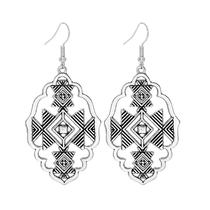Fashion Vintage Tibetan Silver Carving Round Geometric Flower Drop Earrings Woman Retro Ethnic Boho Long Dangle Female Earrings