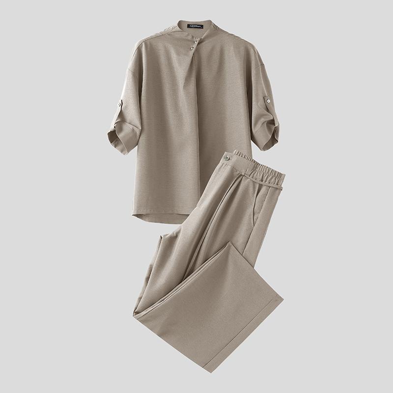 

INCERUN Two Piece Suit Men Mockneck Half Sleeve Shirts Trousers Casual Loose Sets L