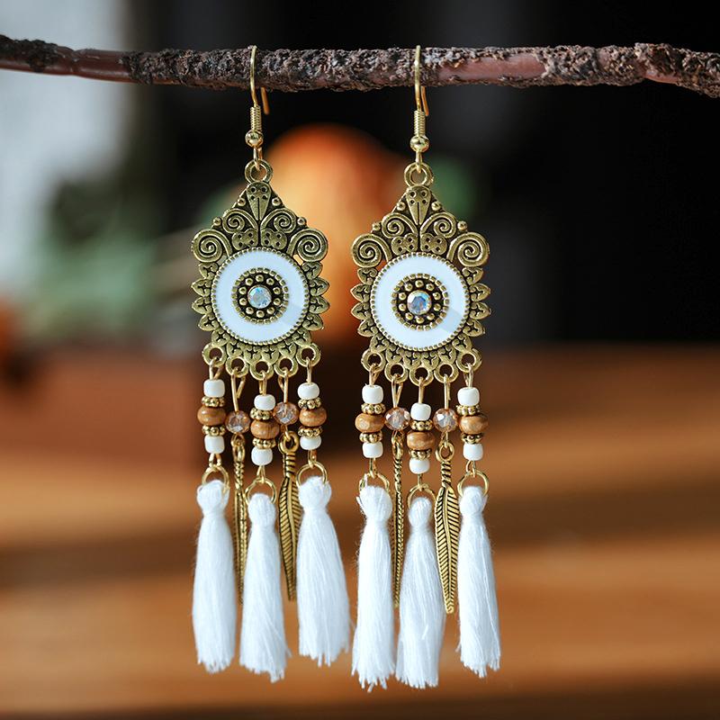 Bohemian Ethnic Style Tassel Earrings for Women Retro Waterdrop Round Fan Shaped Handmade Beaded Dangle Earring Lady Jewelry