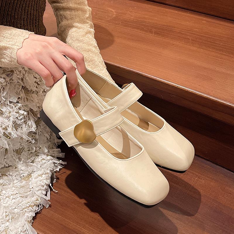 2025 Spring Soft Leather Metal Buckle Small Square Head Retro Flat Heel Single Shoes One-word Buckle Mary Jane Shoes Women's Shoes Flat Shoes