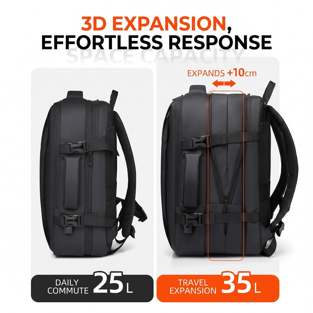 Large Capacity Expandable Laptop Backpack for Men Business Travel with USB Charging Port Commuter