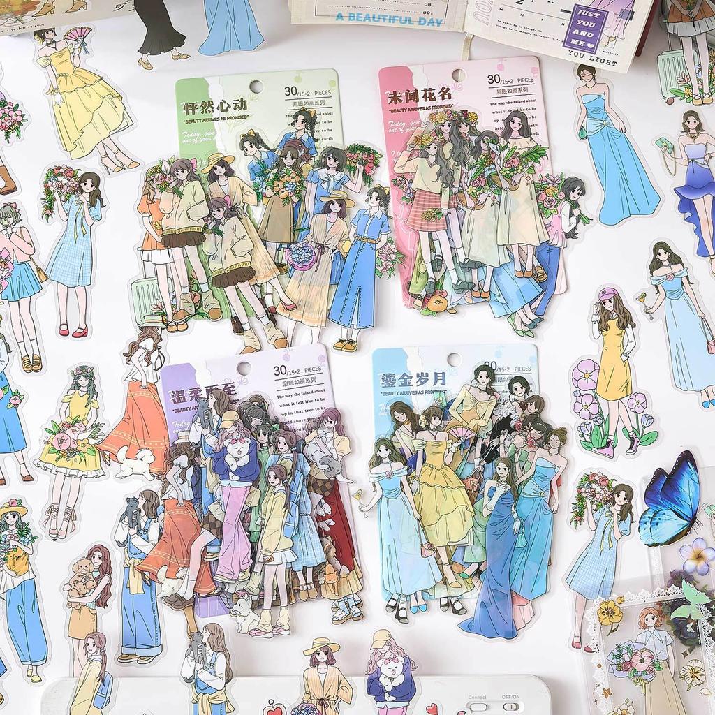 Journamm 30pcs/pack Ins Girl PET Stickers Flowers Materials DIY Scrapbooking Decor Junk Journal Collage Stationery Aesth Sticker