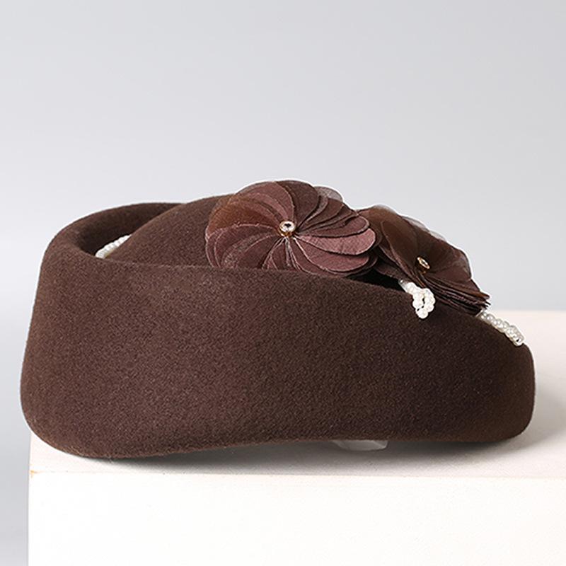 Autumn and Winter New Fashion Wool Hat Women's Daughter Gold Wind Fashion Top Hat Elegant Pearl Flower Crimped Beret