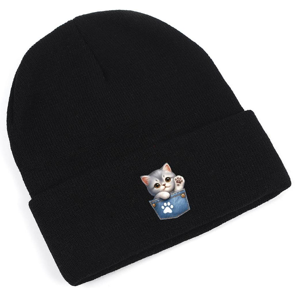 Pocket Cute Cat Print Knit Cap Beanie, Print Pompom Beanies Hip Hop Versatile Elastic Slouchy Knitted Cap Beanie