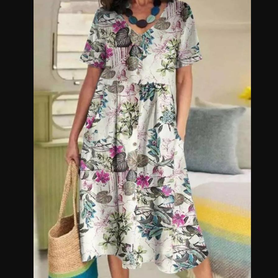 Women's Fashion Casual V-neck Bohemian Print Pocket Dress Long Skirt