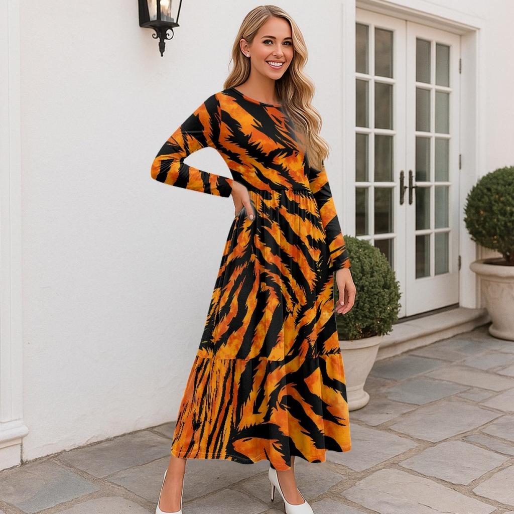 Long Sleeve Casual Midi Dress Ladies Patchwork Hem Loose Dress