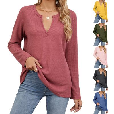 Spring Autumn Loose V-neck Long Sleeved Solid Color Casual T-shirt Top for Women