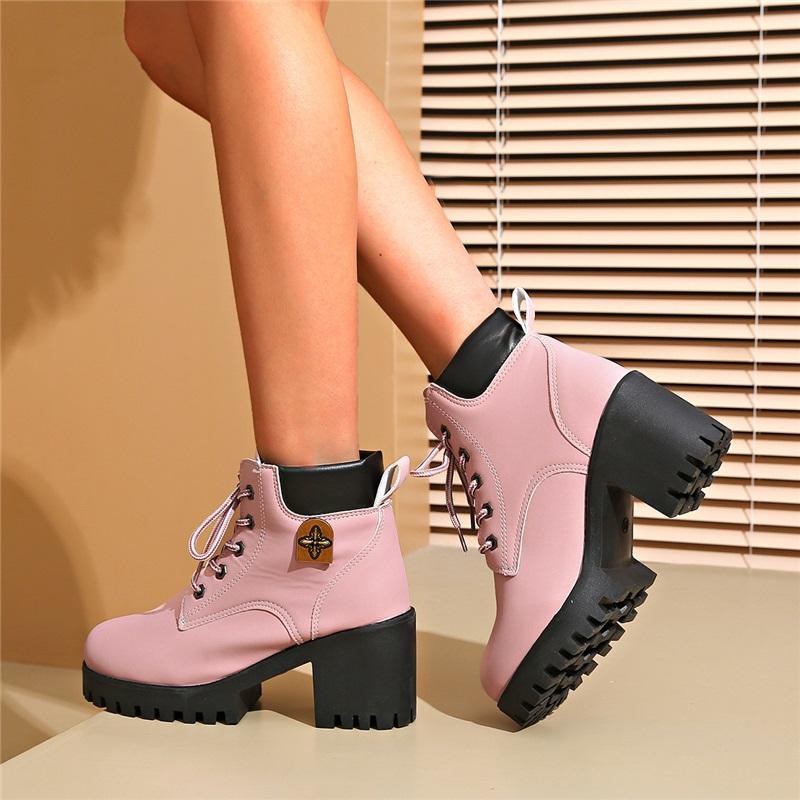 Women Lace Up Chunky Block Heel Ankle Boots Fashion Thick Sole Platform Short Martin Boots
