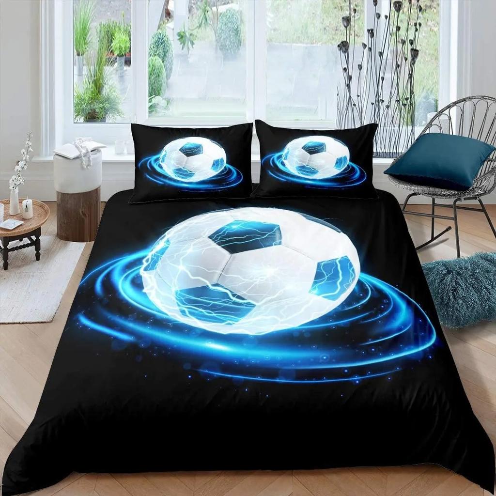 Fußball Bettbezug Set King Queen Full Size Fußballmuster Polyester Bettdeckenbezug für Kinder Jugendliche Fußballliebhaber Bettwäscheset