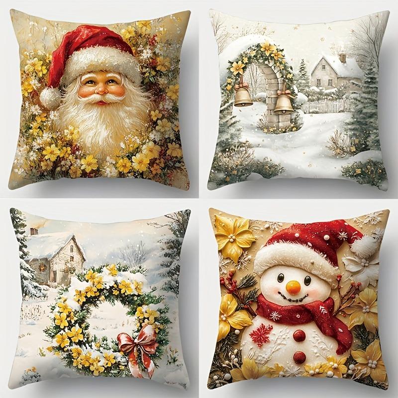 Home Decor Christmas Scenes: Santa & Snowman Pillow Covers Pattern Cushion Cover Suitable For Sofa Bedroom Car Pillow Cover
