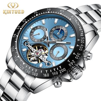 Herren Automatische Mechanische Uhr Tachymeter Skelett Sonne Mond Chronograph Stahl Armbanduhr