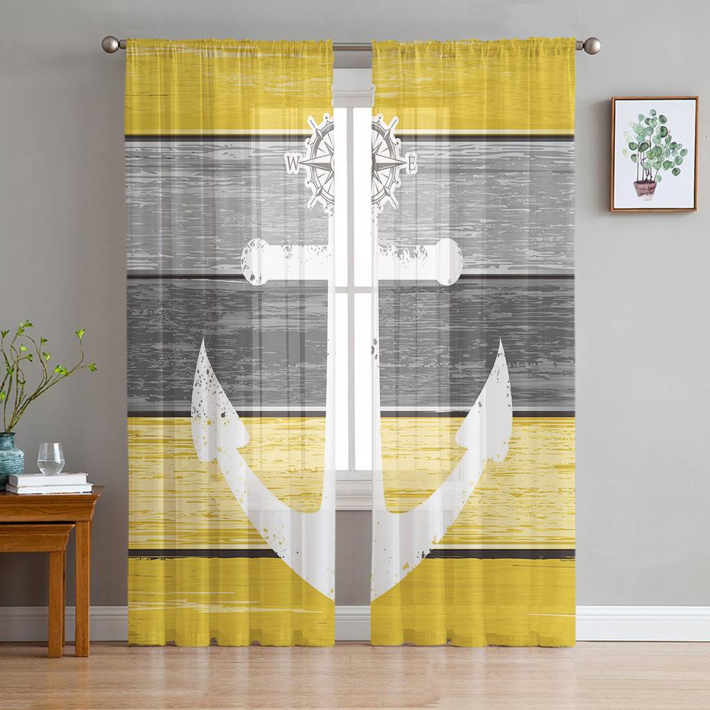 Vintage Farm Barn Wood Grain Boat Anchor Sheer Curtains for Living Room Modern Bedroom Voile Tulle Curtain Window Drapes