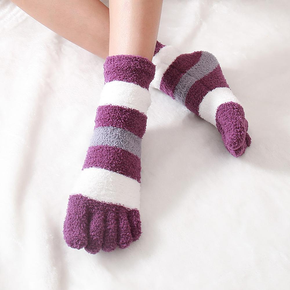 Women's Thick Five Finger Socks Winter Warm Coral Fleece Fluffy Toe Socks Striped Soft Cozy Hosiery Girls Female Floor Slippers