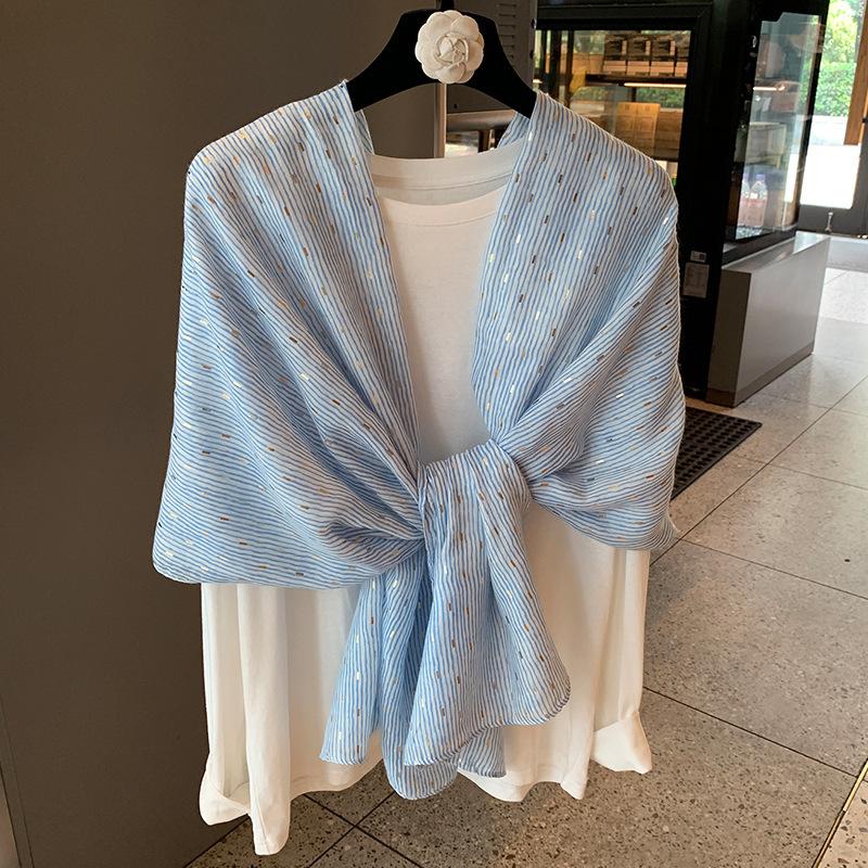 Silk Scarf Women's Summer Korean Version Versatile Thin Gauze Cotton and Linen Scarf Blue Feather Fringed Beach Towel Sun Protection Shawl