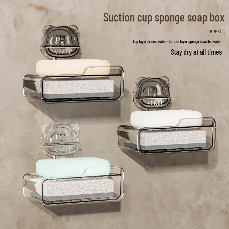 Little Bear Suction Soap Dish: Wall-Mounted, Double Layer, Punch-Free Draining Holder with Sponge