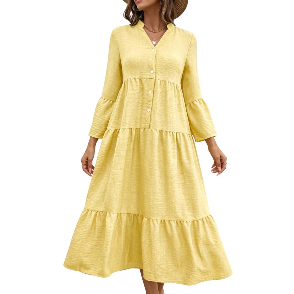 Damen Herbst Langarm Maxi Kleid V-Ausschnitt Aushöhlung Öse A-Linie Lang Lässig Partykleider