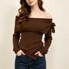 Damen S Langarm Strickpullover Schulterfrei Schleife Figurbetont Herbst Winter