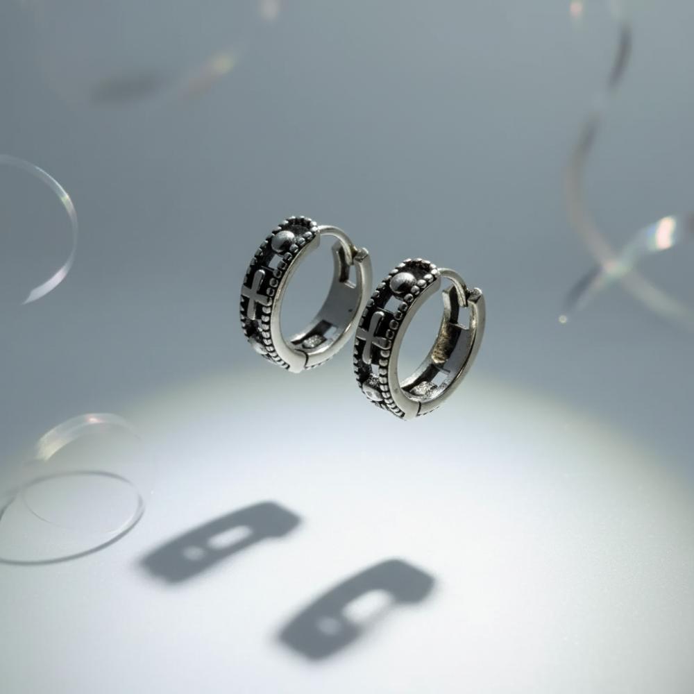 S925 Silver Vintage Cross Antique Huggie Hoop Earrings · From Korea